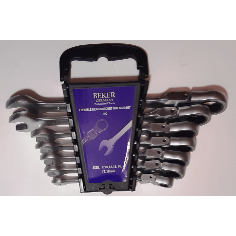 Vartomų raktų su terkšle komplektas 7d., 8-19mm, Cr-V