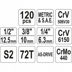 Galvučių ir raktų komplektas 120vnt. 1/2", XL