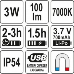 Darbo lempa 3W, COB 100LM, daugiafunkcinė