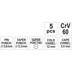Kaltų ir išmušėjų rinkinys 5vnt.