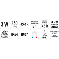 Darbo lempa, akumuliatorinė COB LED 3W, 230/12V