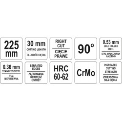 Žirklės skardai, kampinės 90° / dešininės 225mm