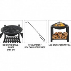 Plieninė krosnelė, grotelės, su malkų dėtuve, 50 cm