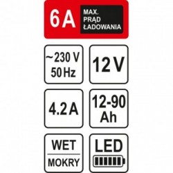 Pakrovėjas akumuliatoriams, 6A / 12V / 90 Ah, LED