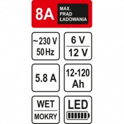 Pakrovėjas akumuliatoriams, 8A / 12V / 120 Ah, LED
