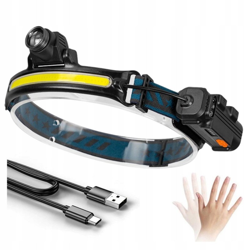 Galingas prožektorius ant galvos, XM-L2 + COB šviesos diodas, ZOOM, pakraunamas USB, judesio jutiklis Galingas prožektorius ant galvos, XM-L2 + COB šviesos diodas, ZOOM, pakraunamas USB, judesio jutiklis