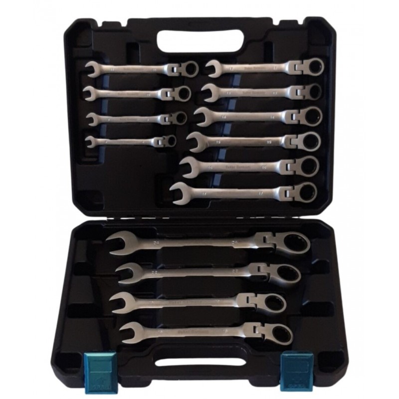 Vartomų terkšlinių raktų rynkinys 14 vnt., 8-24mm, Cr-V, plastikinis laikymo lagaminas