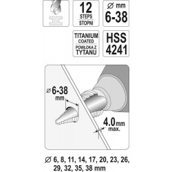 Pakopinis grąžtas skylės platinimui, 6-38mm YATO