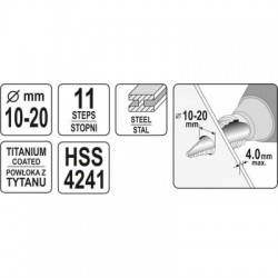 Pakopinis grąžtas skylės platinimui, 10-20mm YATO