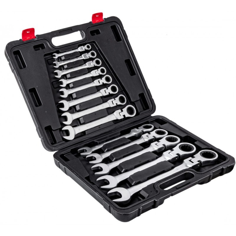 Vartomų raktų su terkšle komplektas, 13d., 8-32mm, Cr-V