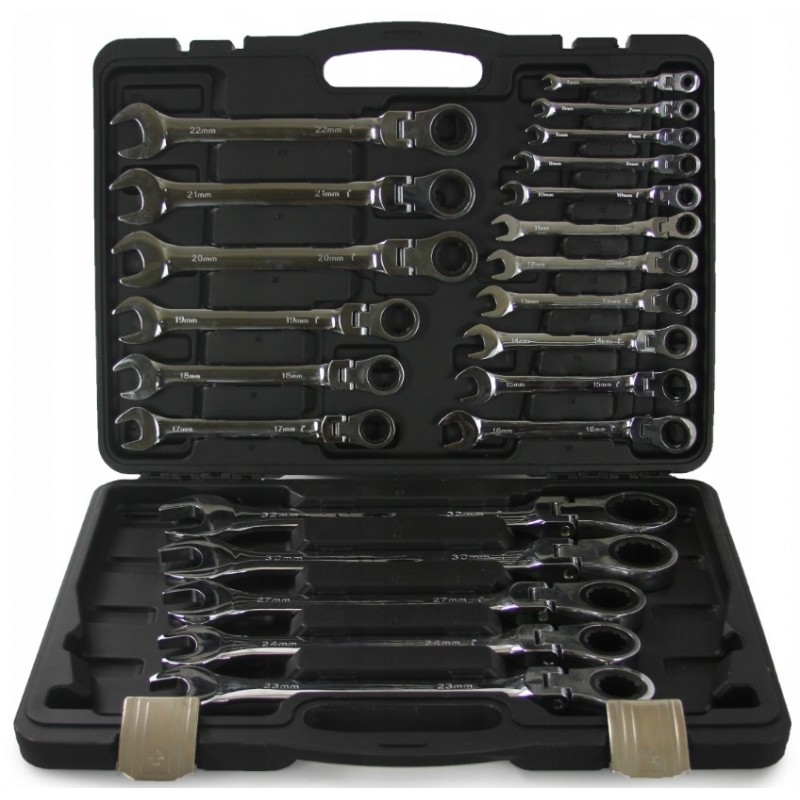 Vartomų raktų su terkšle komplektas, 22d., 6-32mm, Cr-V