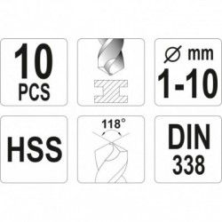 Grąžtų rinkinys metalui HSS 10 vnt.1-10mm