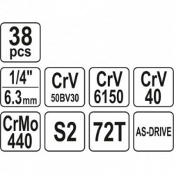 Galvučių rinkinys su terkšle 1/4(6.3 mm) 38vnt.