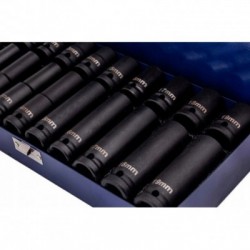 Smūginės galvutės ilgos/trumpos 1/2″, 20 vnt. 10-19mm, metalinis lagaminas