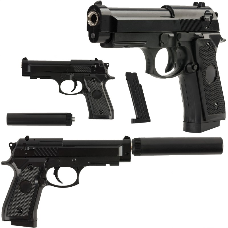 5905692202327 - Realistische Nachbildung einer Beretta-Metallpistole mit Schalldämpfer 6-mm-BB-Kaliber