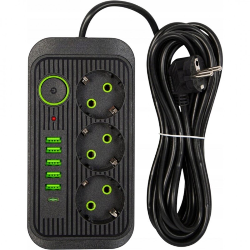 5907580179452 - 5 Meter langes Verlängerungskabel 3 Steckdosen + 5 USB-Anschlüsse und + USB-C Schalter