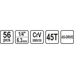 Galvučių rinkinys su terkšle 1/4(6.3 mm) 56vnt.