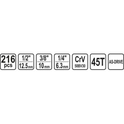 Galvučių su terkšle rinkinys 1/2", 3/8", 1/4", 216vnt.