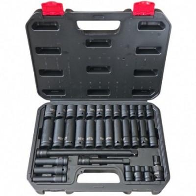 Smūginių galvučių rinkinys, ilgos/trumpos 1/2″, 8-22mm, ilgintuvai, šarnyras, 33 vnt.
