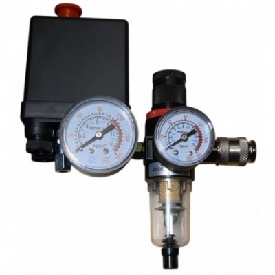 Oro reguliatorius kompresoriui su slėgio jungikliu, drėgmės filtras ir manometrais, 230V.