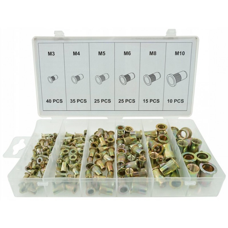 Plieninių srieginių kniedžių rinkinys M3-M10, 150vnt.