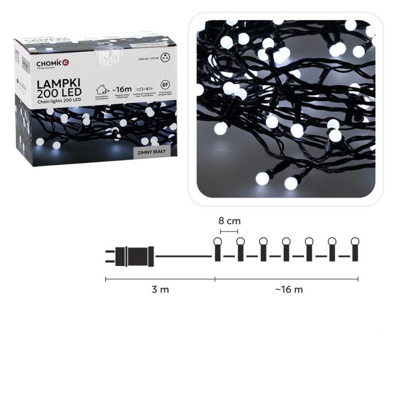 LED girlianda „Ball Lights“ 200 LED, šaltai balta, 16 m