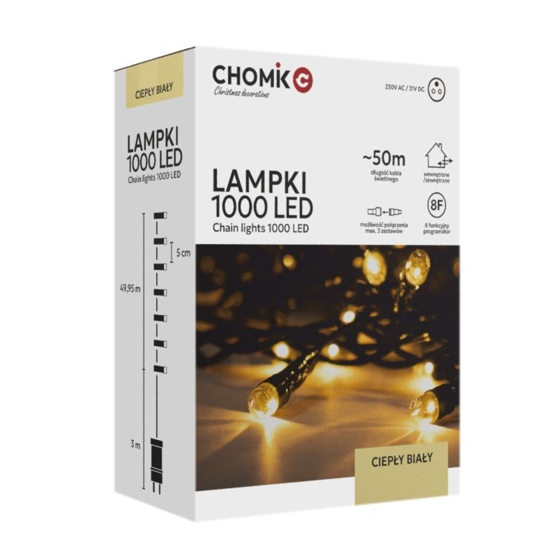 LED girlianda, 1000 LED, 53 m, šiltai balta