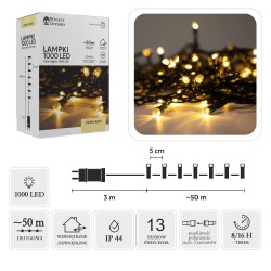 LED girlianda, 1000 LED, 53 m, šiltai balta