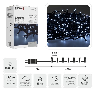 LED girlianda, 1000 LED, 53 m, šaltai balta