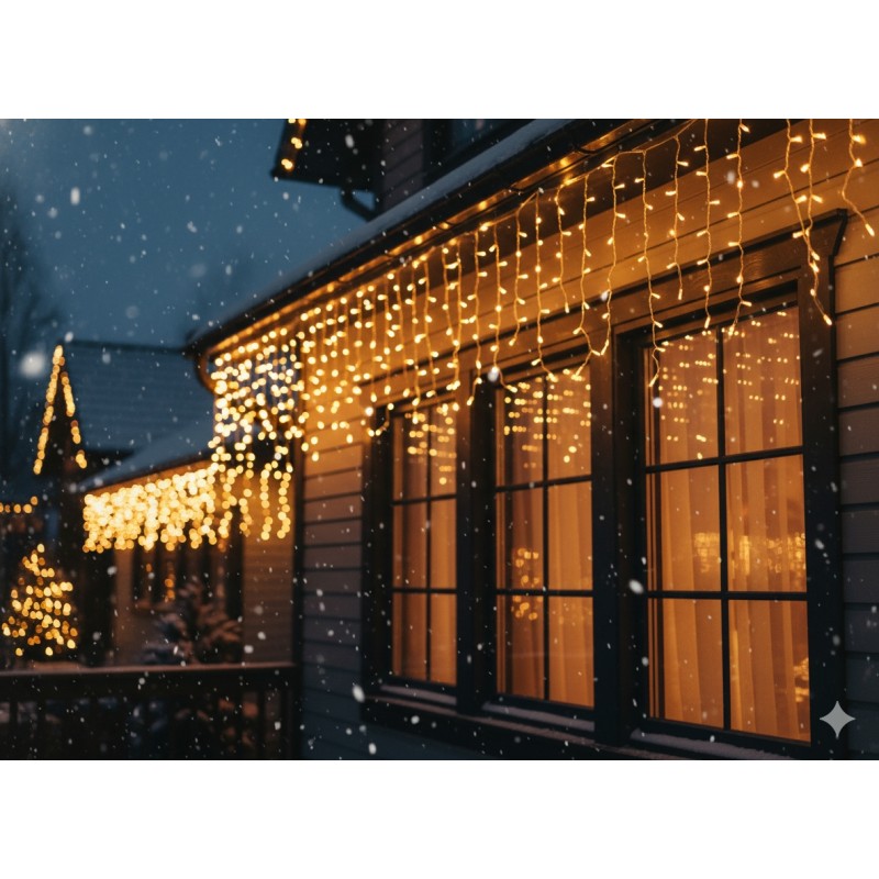 LED varveklių užuolaida, 300 LED, 12 m, šiltai balta su blyksniais