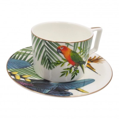 Porzellantasse mit Untertasse, 275 ml, Papageienmotiv