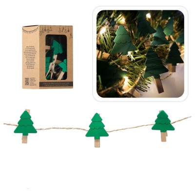 Weihnachts-LED-Girlande mit Holzclips „Tannenbäume“, 10 LEDs, 2,2 m