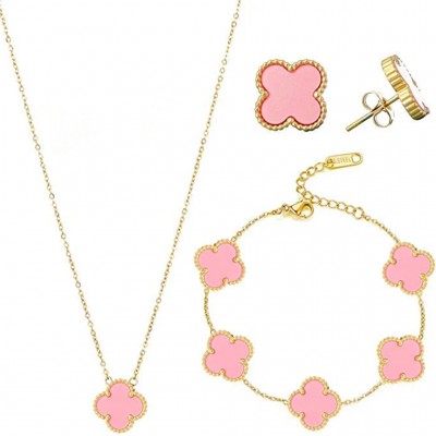 Halskette, Armband und Ohrringe mit rosa vierblättrigen Kleeblättern