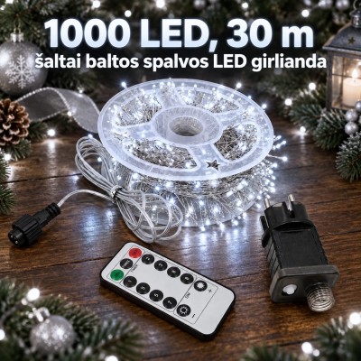 1000 LEDs, 30 m lange Lichterkette mit kaltweißen LEDs