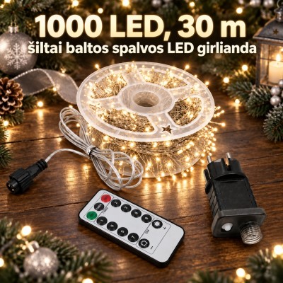 1000 LEDs, 30 m lange Lichterkette mit warmweißen LEDs
