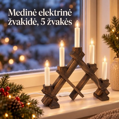 Dunkelbrauner elektrischer Kerzenhalter aus Holz, 5 Kerzen, 40 × 30 cm