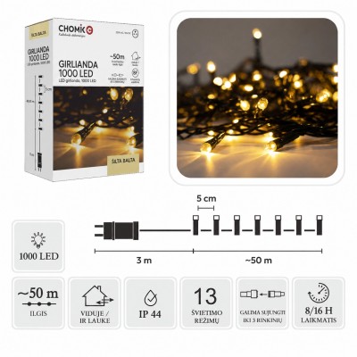 LED-Girlande, 1000 LEDs, 53 m, warmweiß