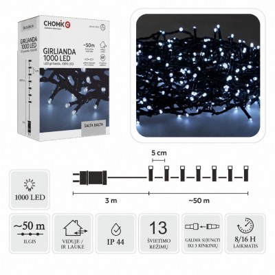 LED-Girlande, 1000 LEDs, 53 m, kaltweiß
