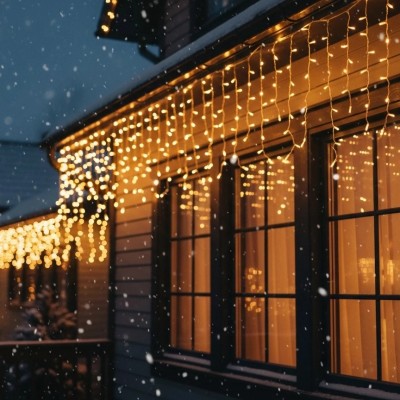 LED-Eiszapfenvorhang, 300 LEDs, 12 m, warmweiß mit Blinklicht