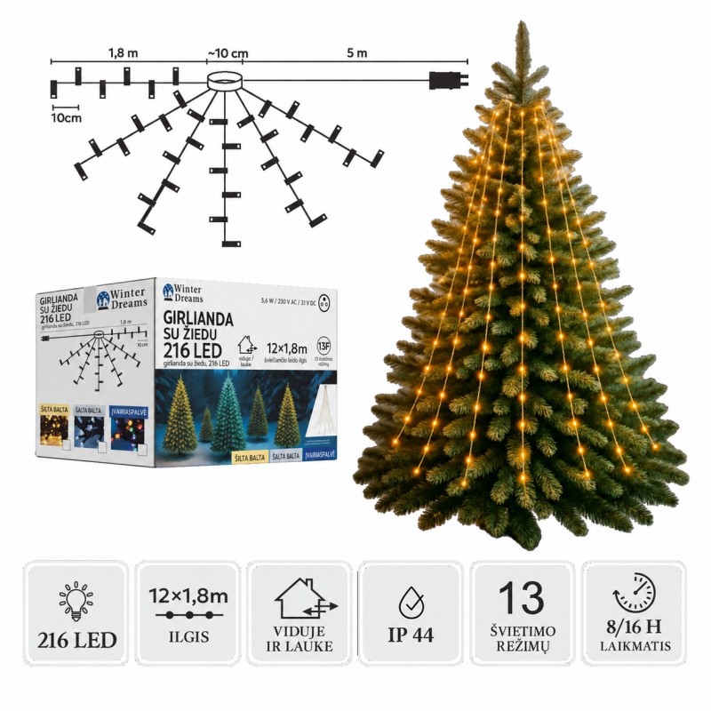 LED-Girlande mit Ring, 12 × 1,8 m, 216 LEDs, warmweiß