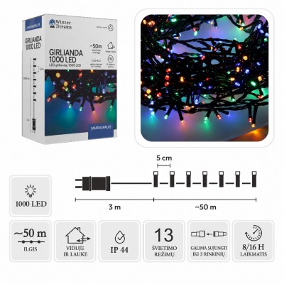 LED-Girlande, 1000 LEDs, 53 m, farbig