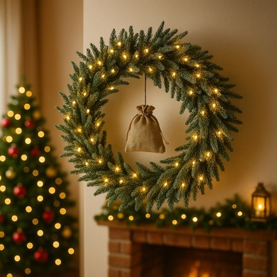 Schneebedeckter Weihnachtskranz mit LED-Beleuchtung