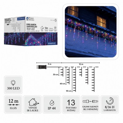 LED-Eiszapfenvorhang, 300 LEDs, 12 m, farbig