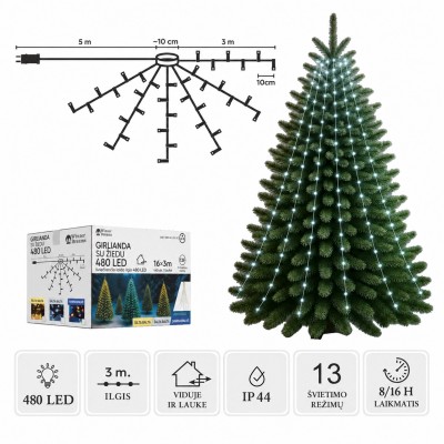 LED-Girlande mit Ring, 16 × 3 m, 480 LEDs, kaltweiß