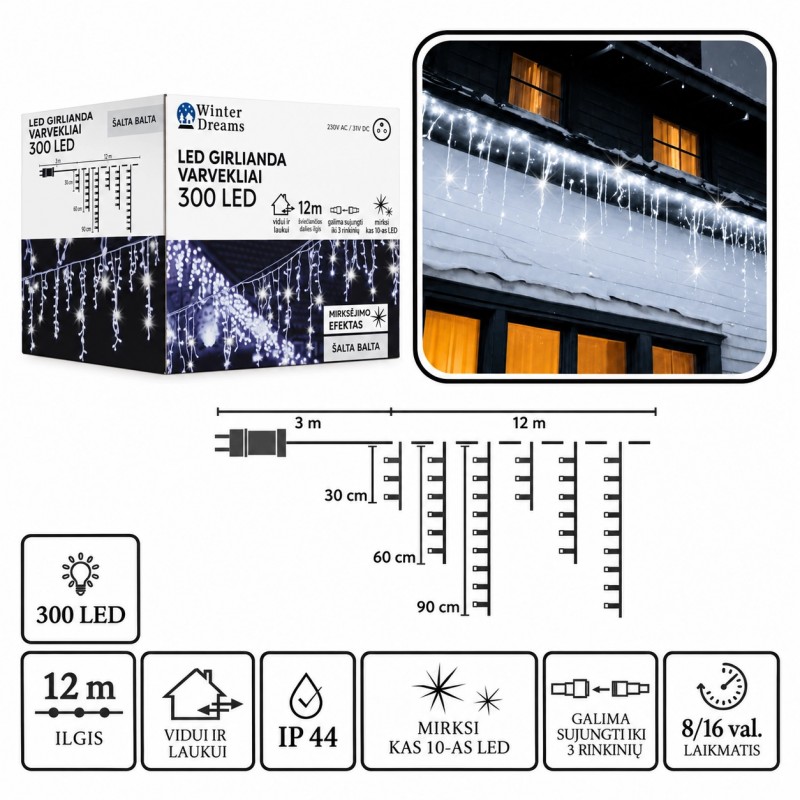 LED girlianda „Varvekliai“, 300 LED, 12 m, šaltai balta su blyksniais