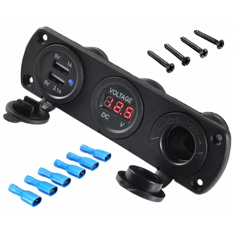 Montuojamas 12 V maitinimo lizdų skydelis su 2 USB jungtimis ir voltmetru