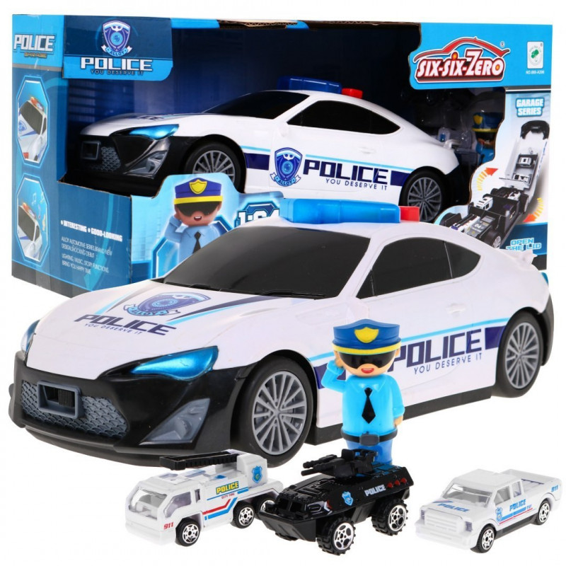 Policijos automobilis su x3 modeliukais + policininku Policijos automobilis su x3 modeliukais + policininku